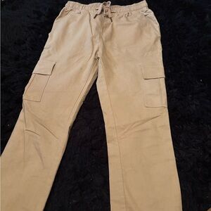 Tan Cargo Jeans with Relaxed Fit and Elastic Waistband